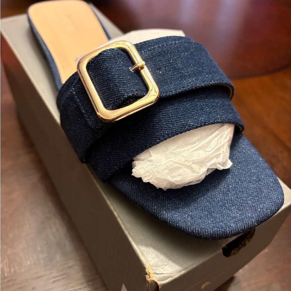 Ann Taylor Navy Sandals with Gold Buckle